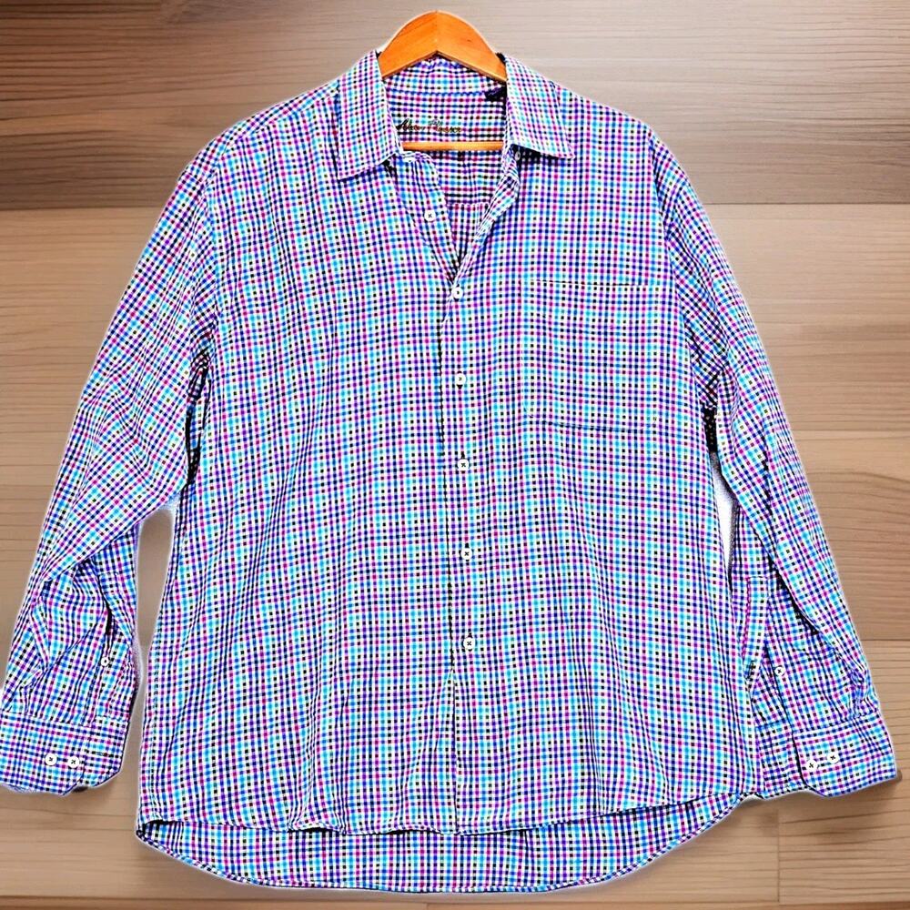 Alan Flusser Men's Checkered Shirt Long Sleeve Button Up Blue Yellow Pink Large